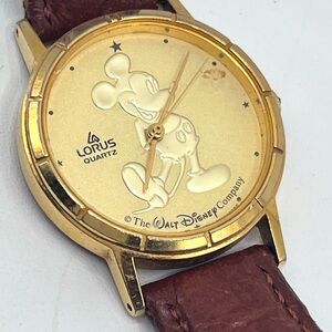 Vintage Disney Mickey Mouse Gold Toned Lorus Watch with Leather Strap
